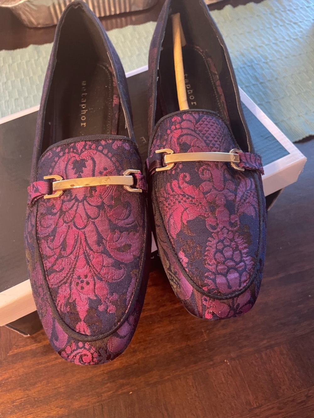 Johnston & Murphy Purple Brocade Loafers with Gold Bar
